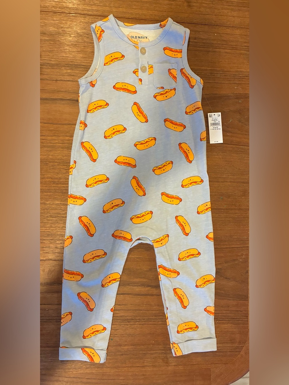 Baby One-Piece Romper in Light Blue with Hot Dog Print